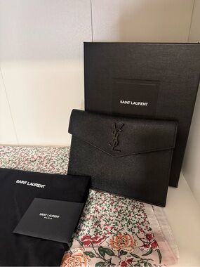 Saint Laurent Black Pebbled Leather YSL Envelope Clutch